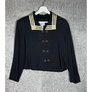 Vintage‎ Periwinkle Cropped Blazer Womens Sz 12 Black Gold Trim Double Breasted